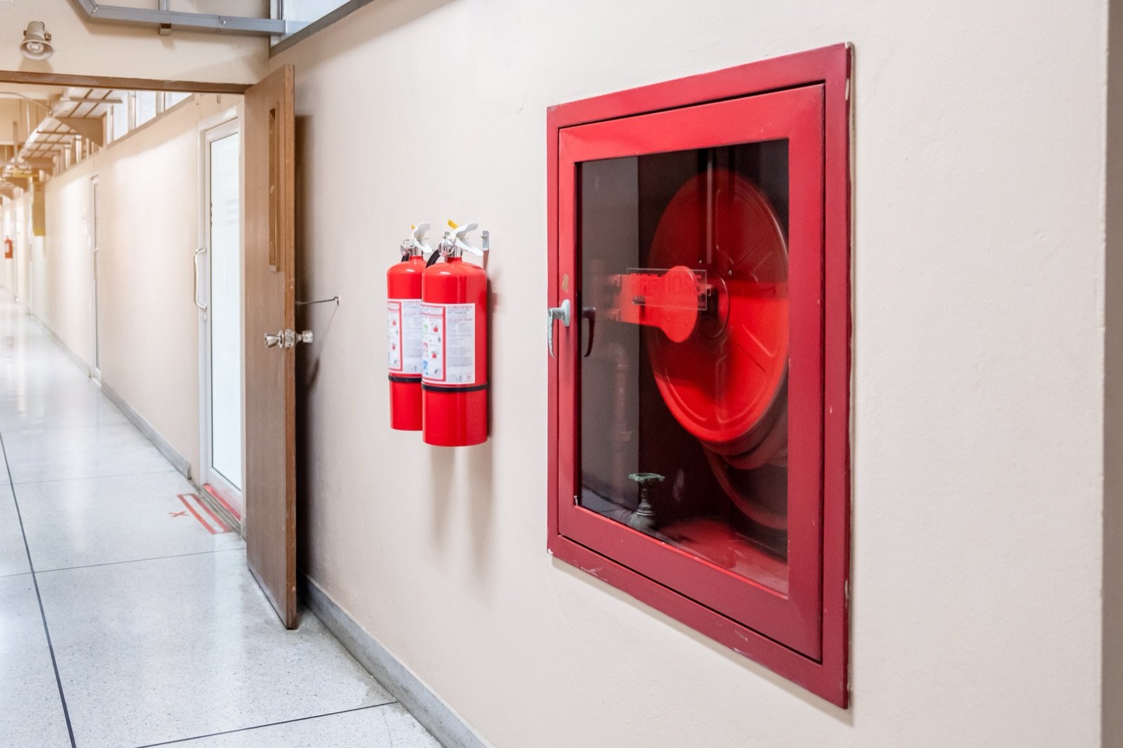 School hallway with fire safety equipment