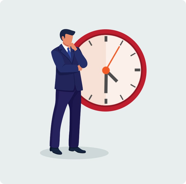 Man thinking in front of clock ticking.